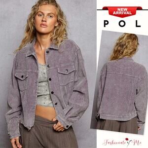 POL Button Down Raw Hem Chest Pockets Cropped Corduroy Trucker Jacket | Lilac